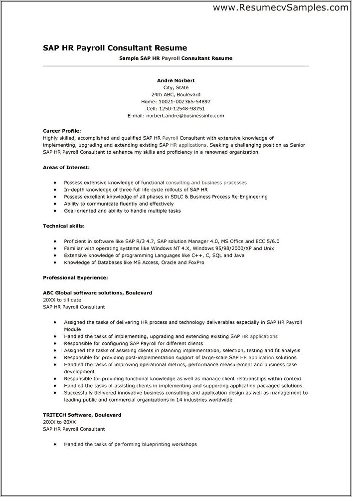 Sample Resume For Sap Hr Functional Consultant Fresher