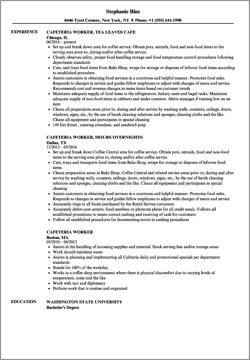 Sample Resume For School Cafeteria Manager