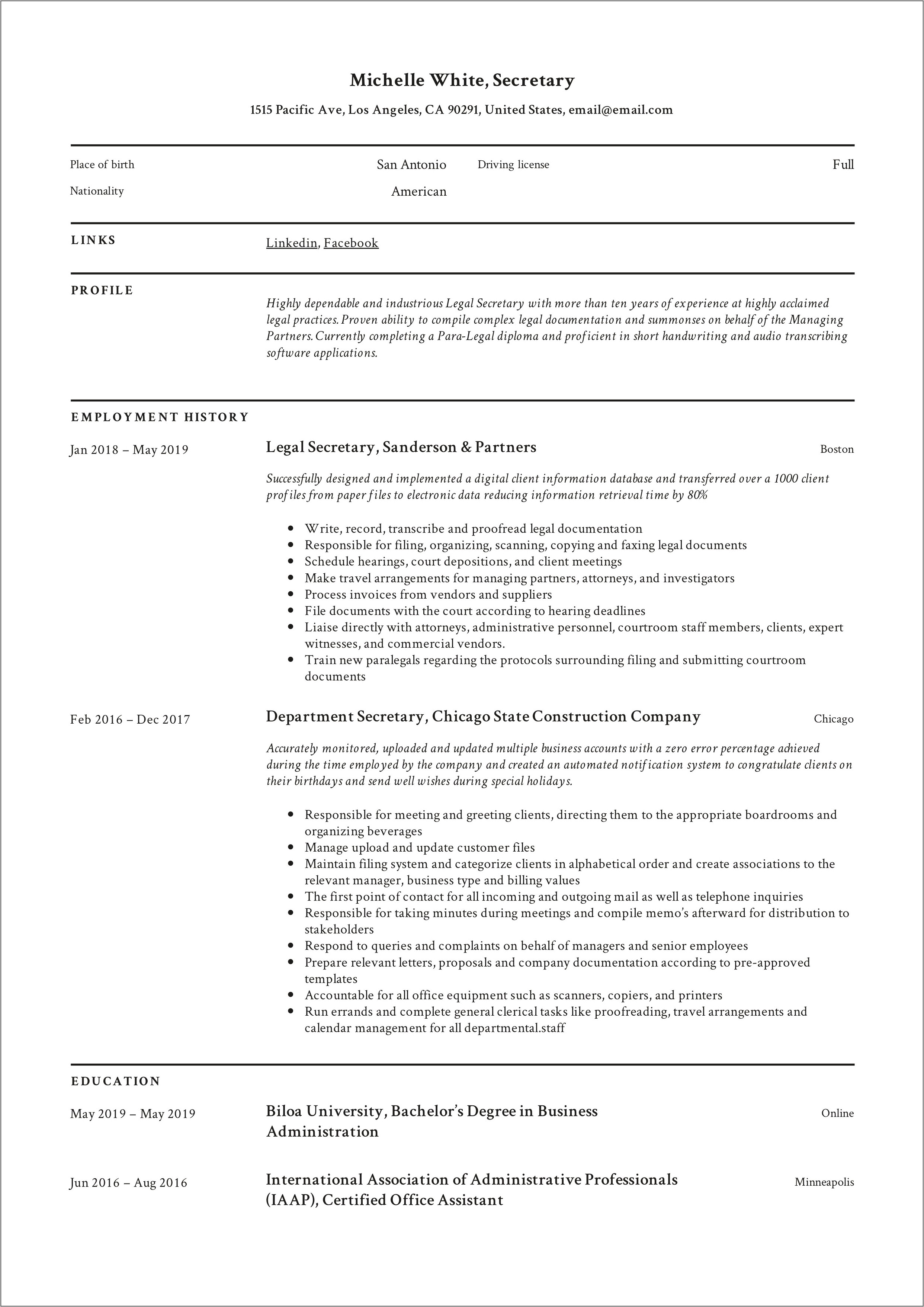 Sample Resume For Secretary Of The Company