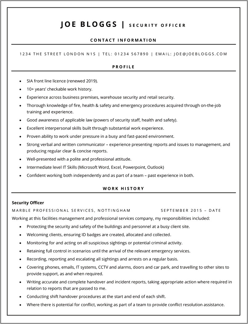 Sample Resume For Security Guard No Experience