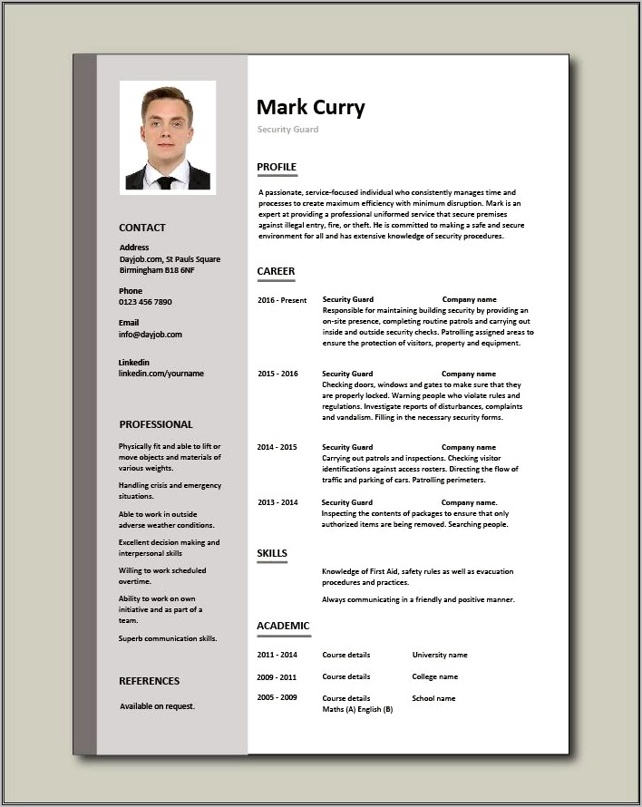 Sample Resume For Security Guard Pdf