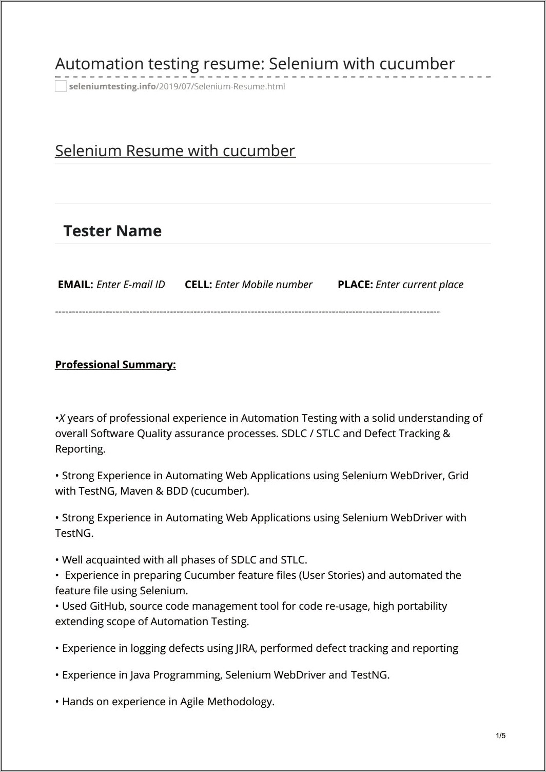 Sample Resume For Selenium 1 Year Experience