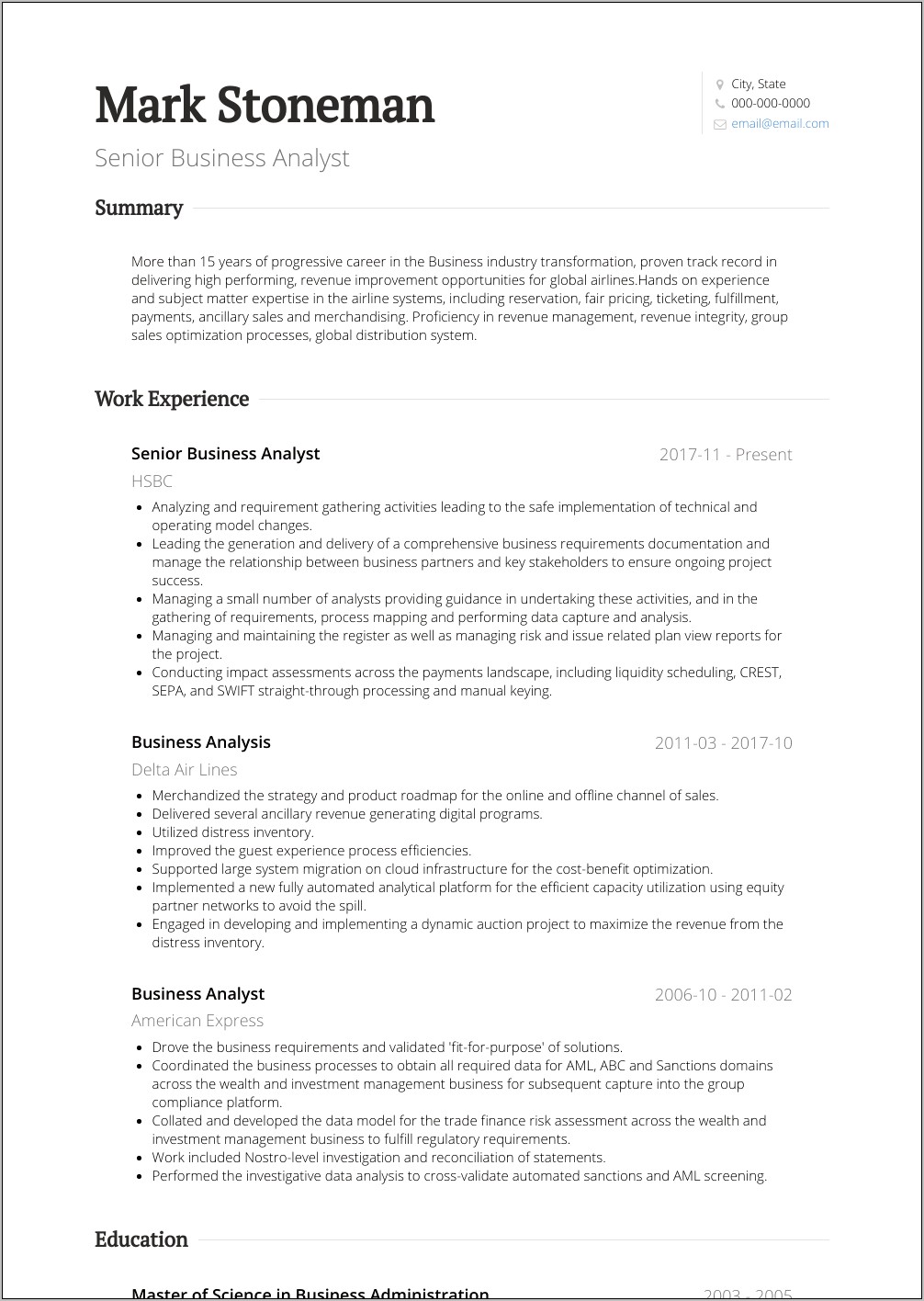 Sample Resume For Senior Business Analyst