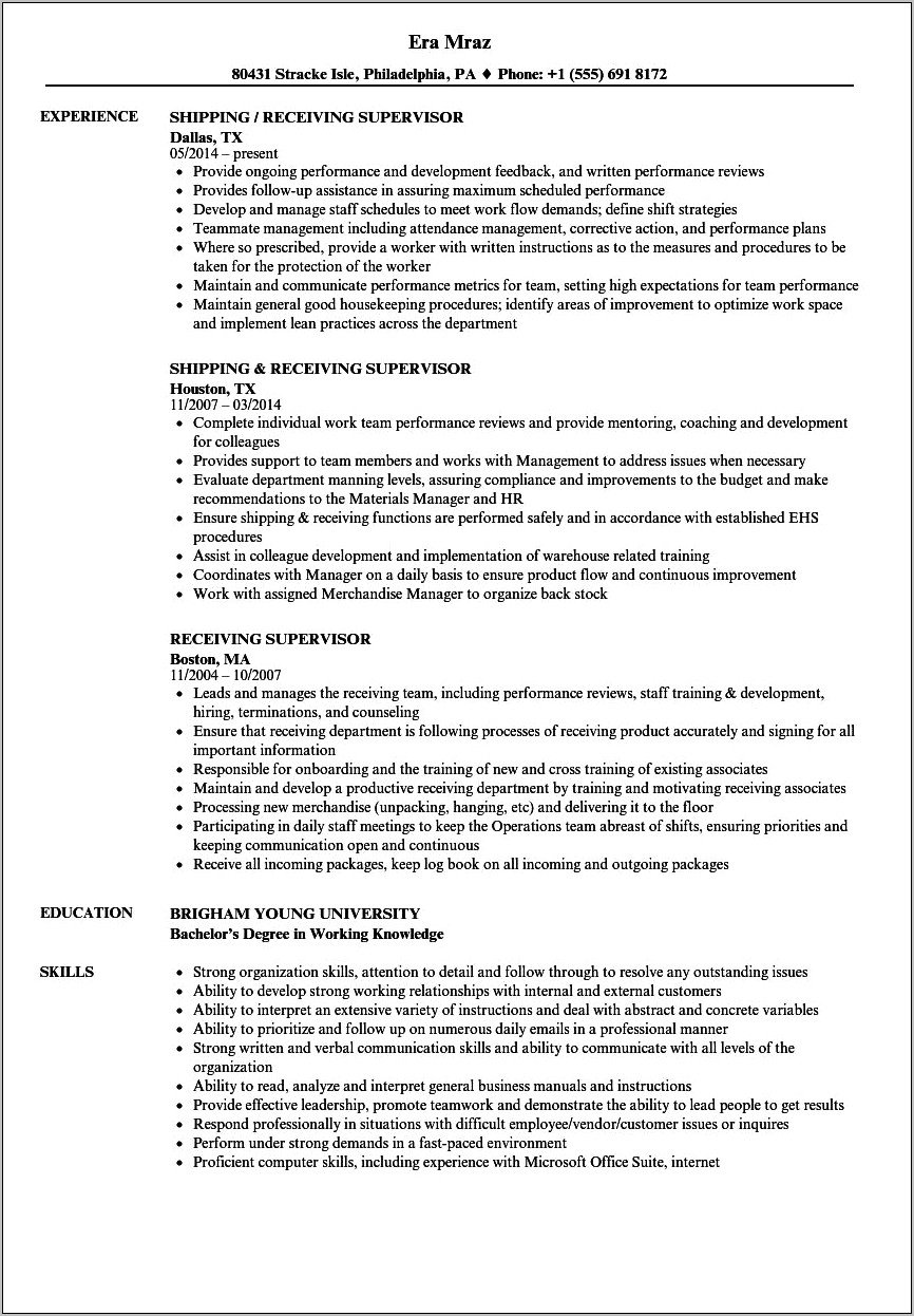 Sample Resume For Shipping And Receiving Supervisor