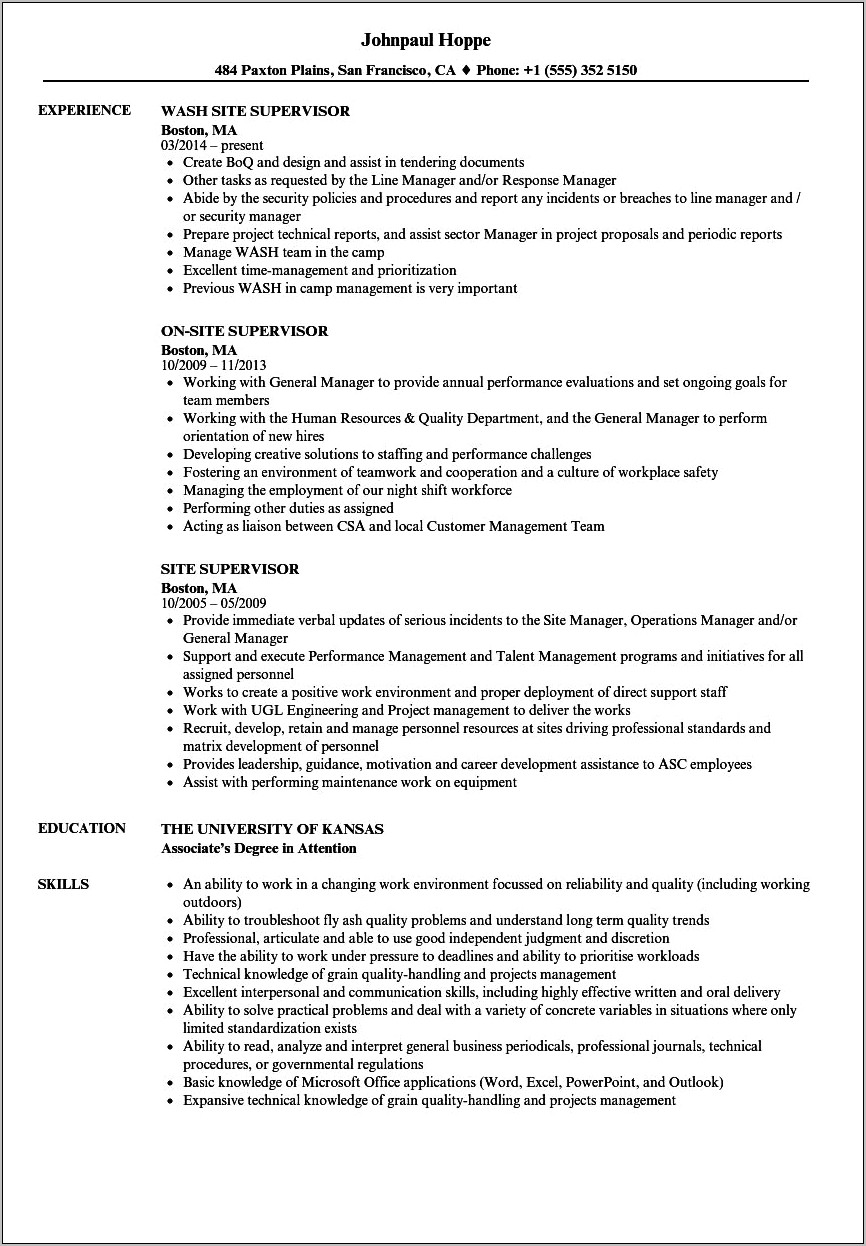 Sample Resume For Site Safety Supervisor
