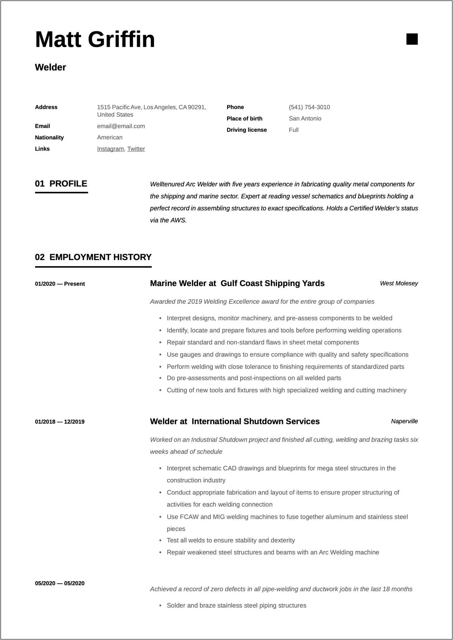 Sample Resume For Smaw Welder Position