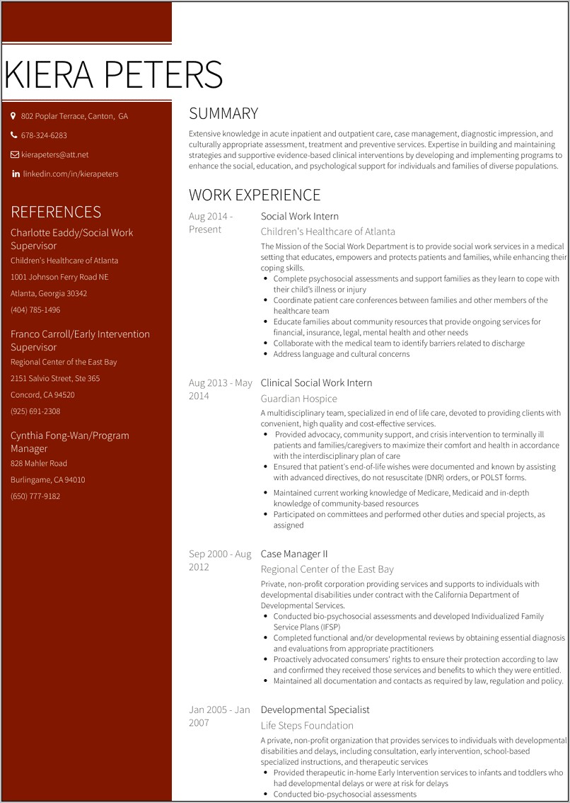 Sample Resume For Social Work Student
