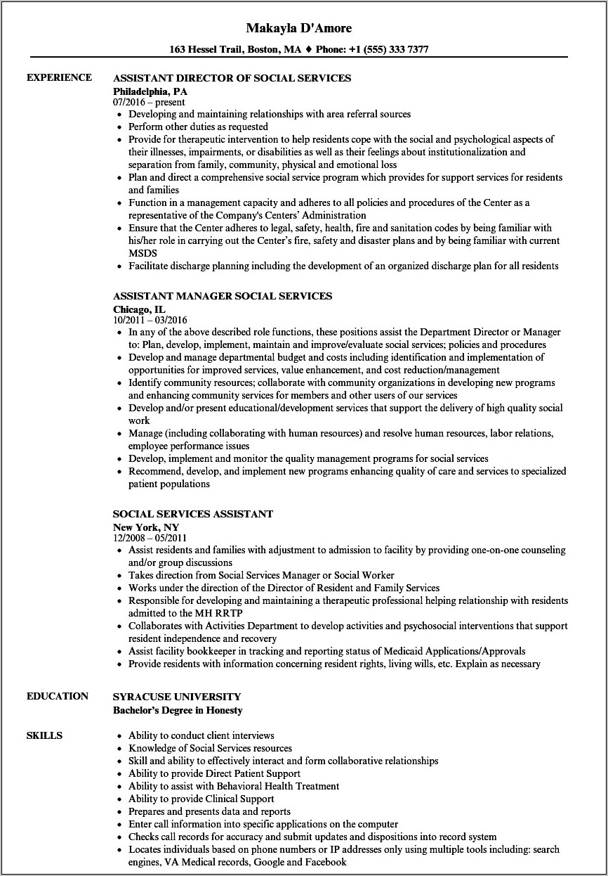 Sample Resume For Social Worker Assistant