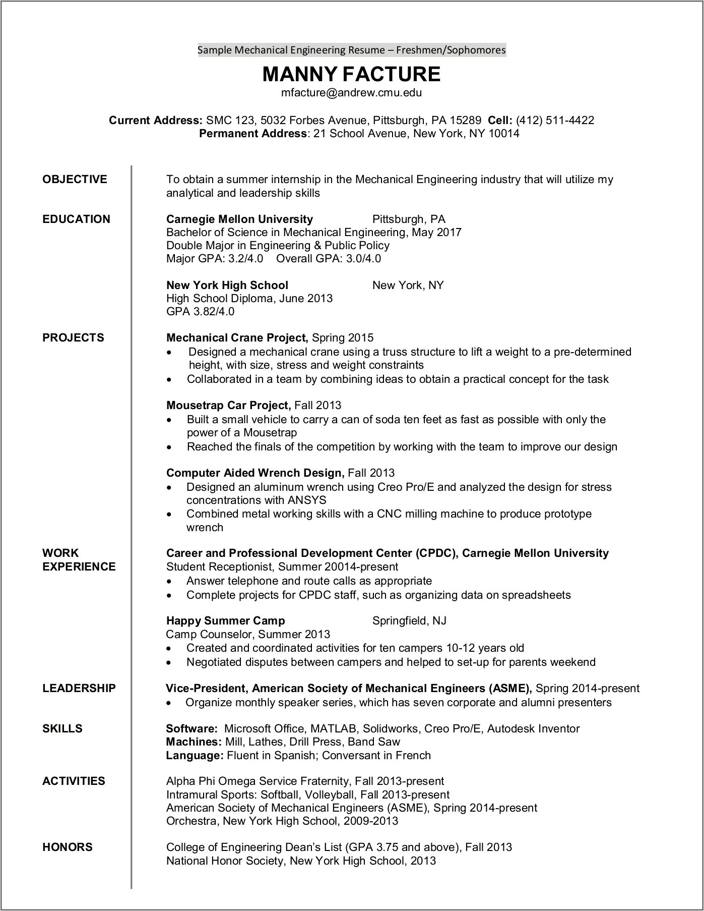 Sample Resume For Sophomores In College