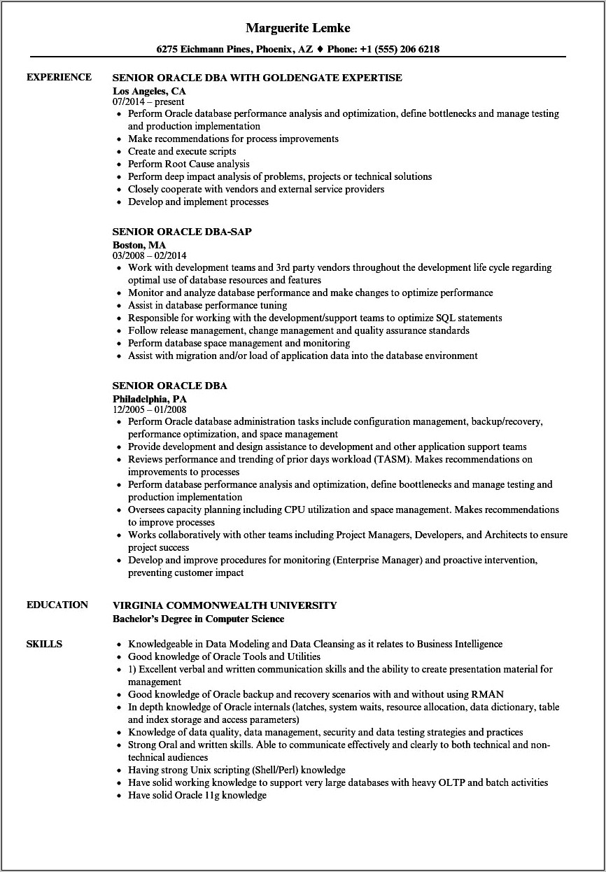 Sample Resume For Sql Database Administrator