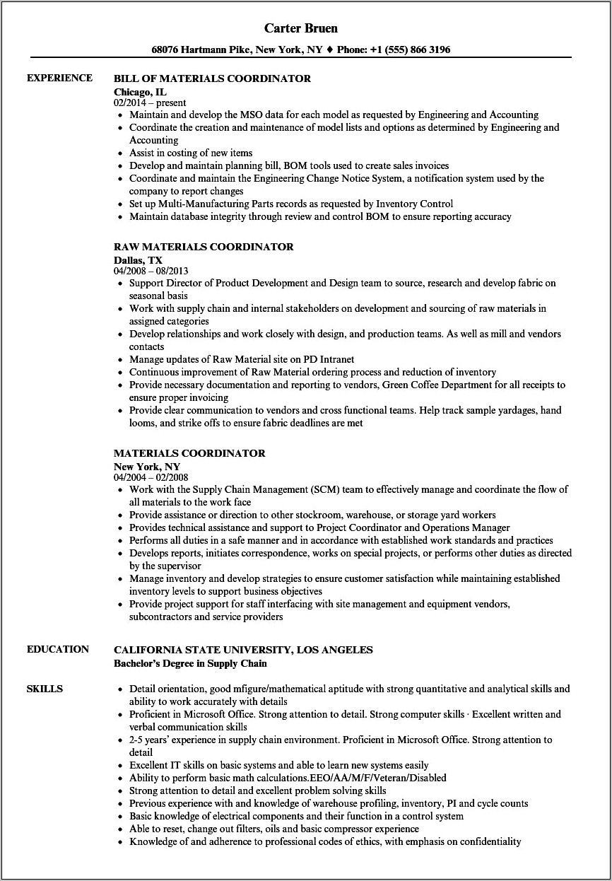 Sample Resume For Storekeeper In Construction