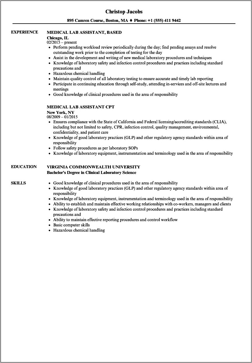 Sample Resume For Student Lab Assistant