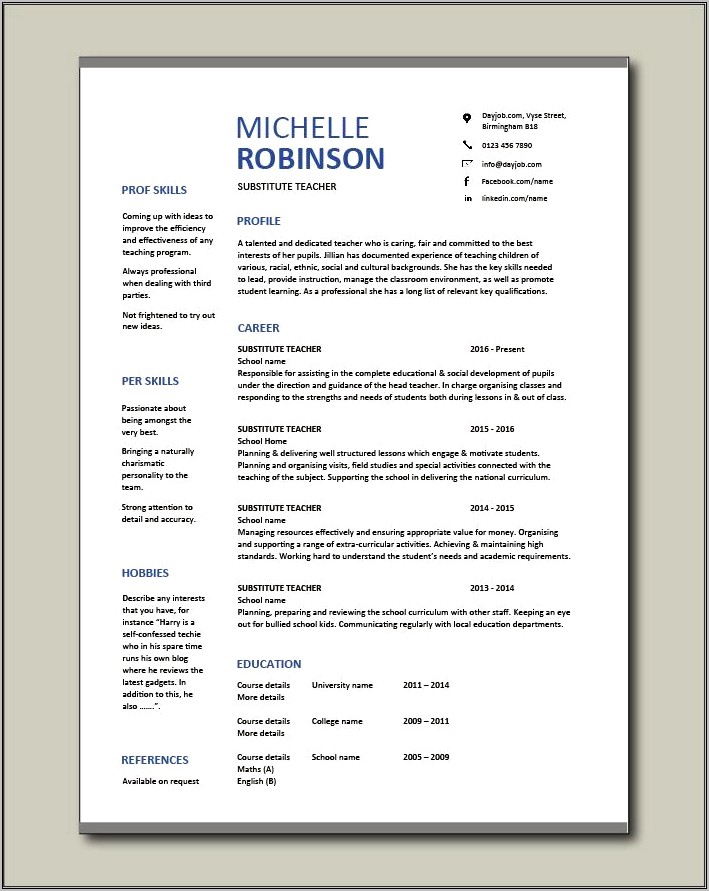 Sample Resume For Substitute Teacher With No Experience