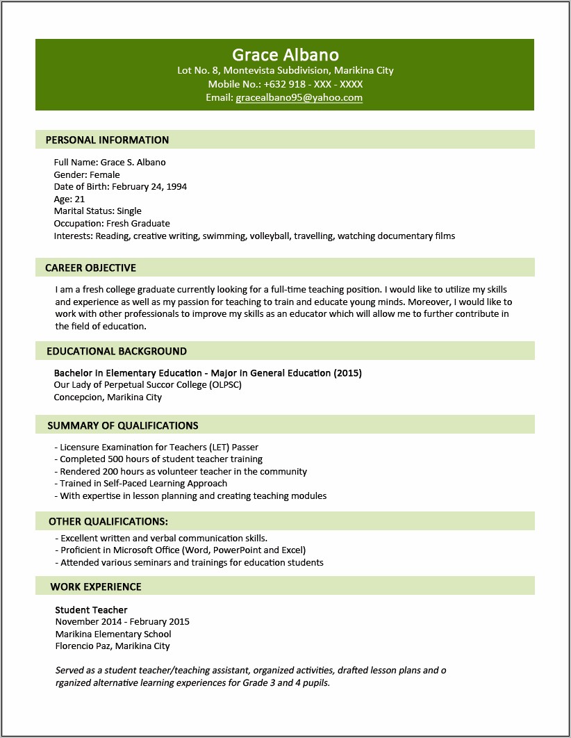Sample Resume For Summer Job College Student Philippines