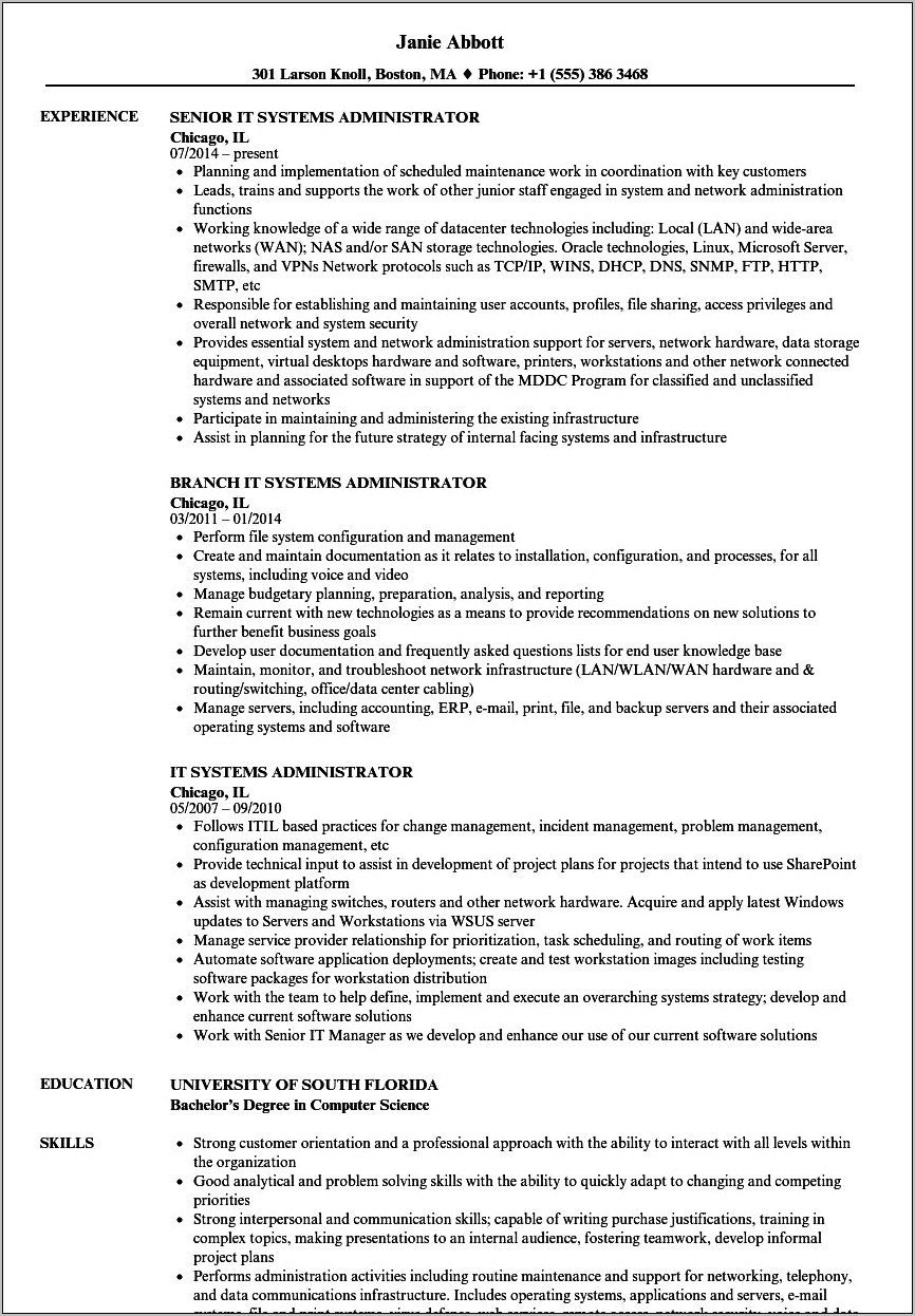 Sample Resume For System Administrator Fresher