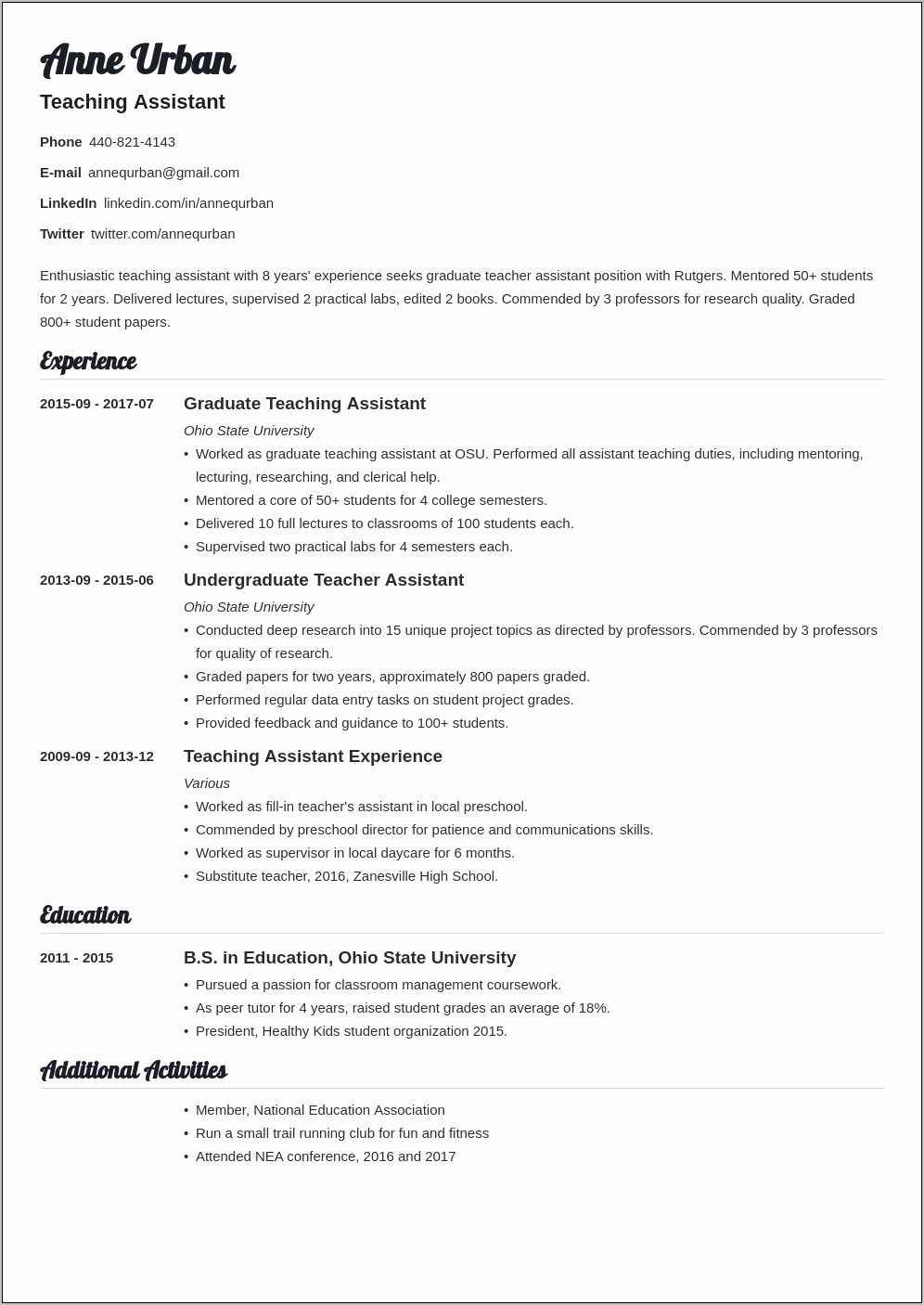 Sample Resume For Teacher Assistant With Experience