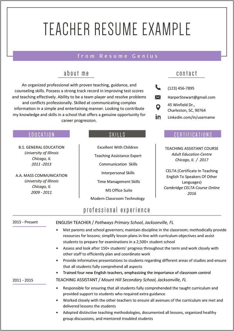 Sample Resume For Teacher With Little Experience