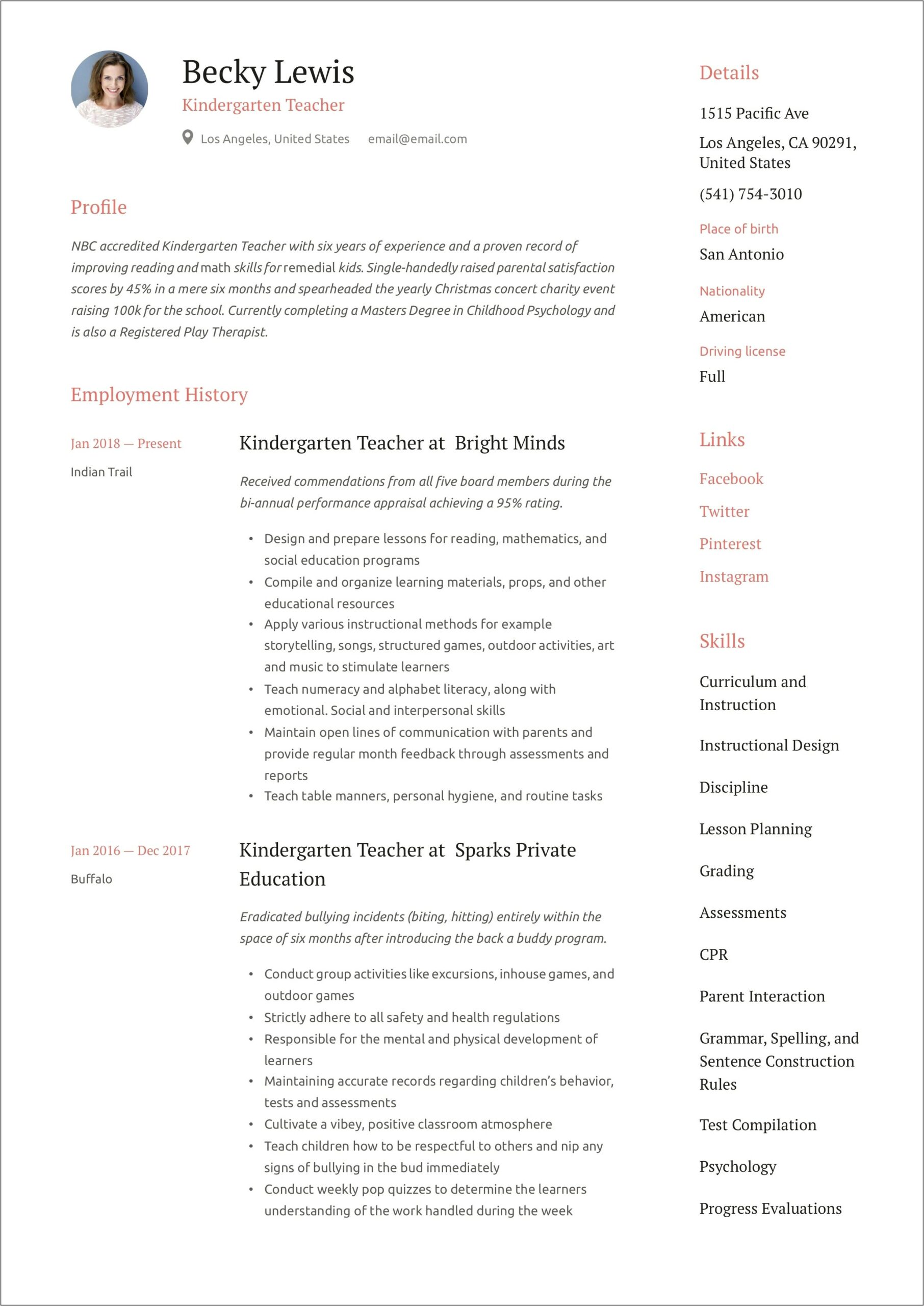 Sample Resume For Teachers For Preschool