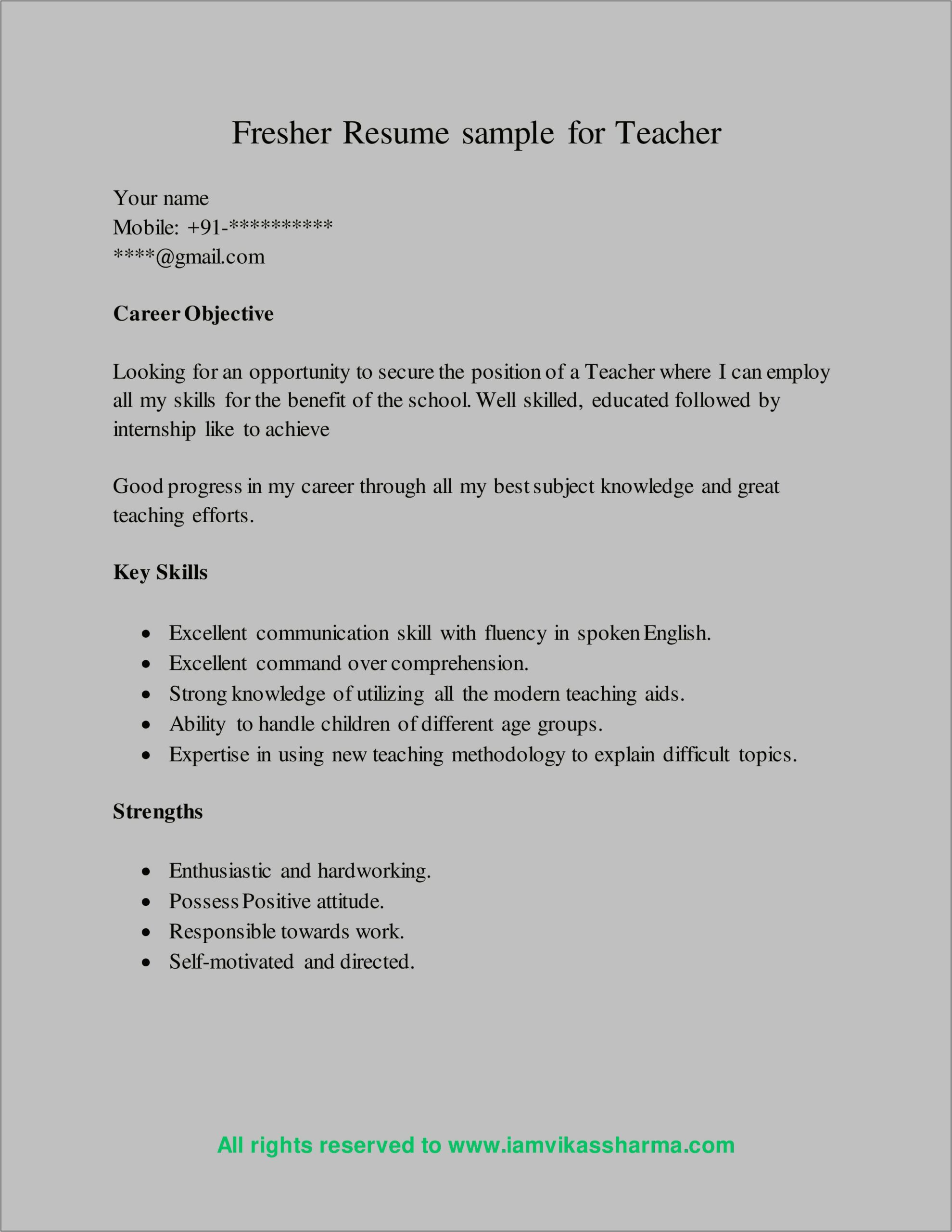 Sample Resume For Teachers Freshers Pdf