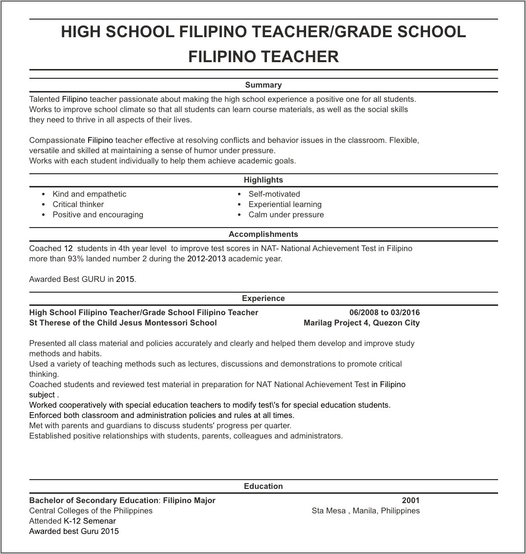 Sample Resume For Teachers Without Experience Word Format
