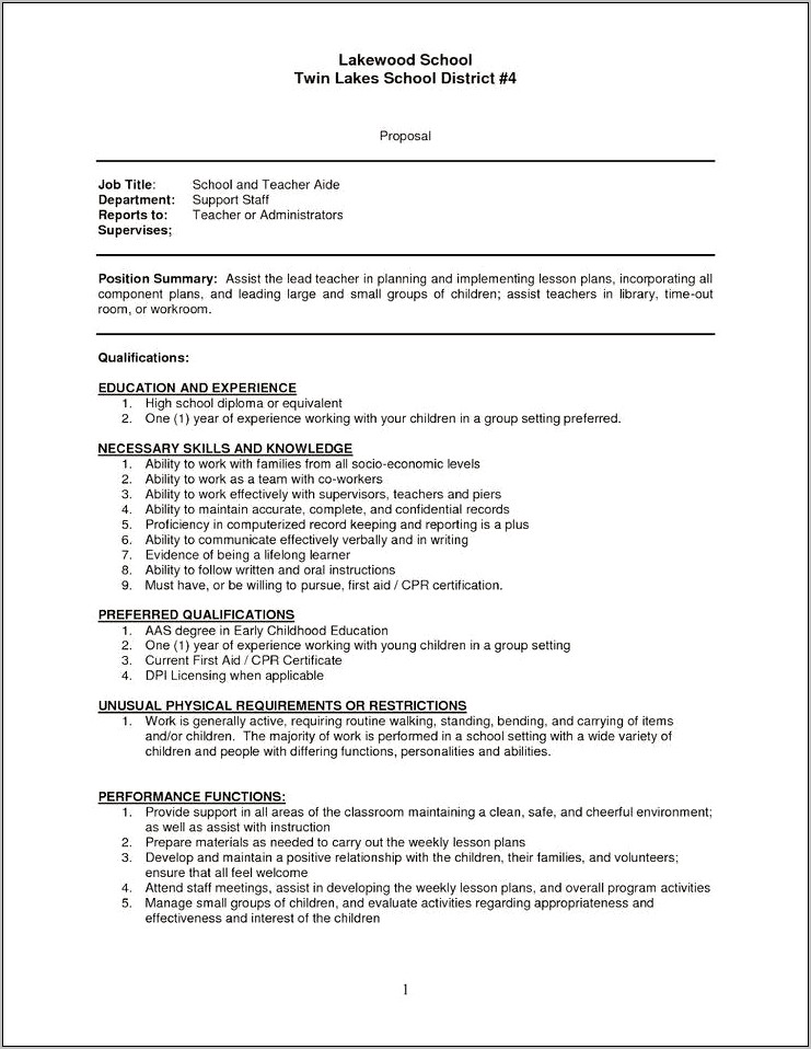 Sample Resume For Teaching Assistant Job