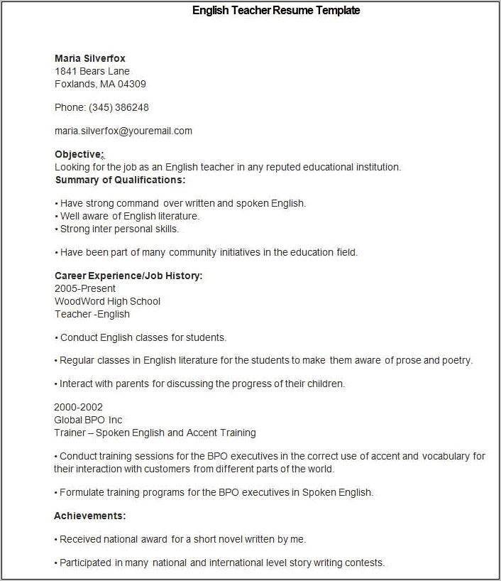 Sample Resume For Teaching English Online