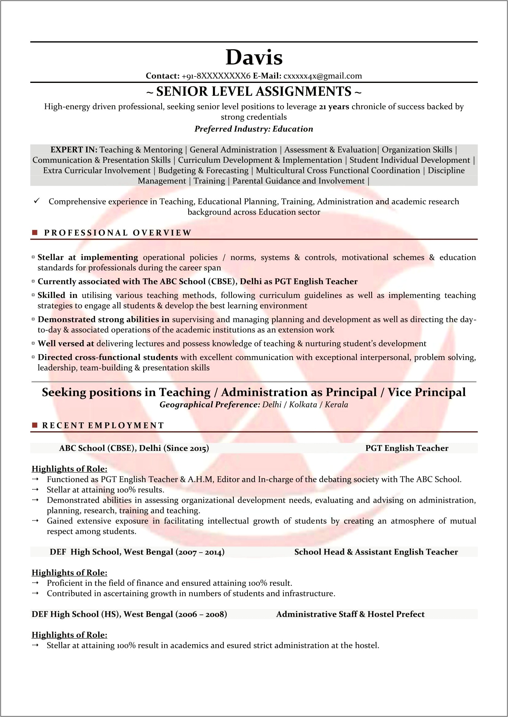 Sample Resume For Teaching Job Application