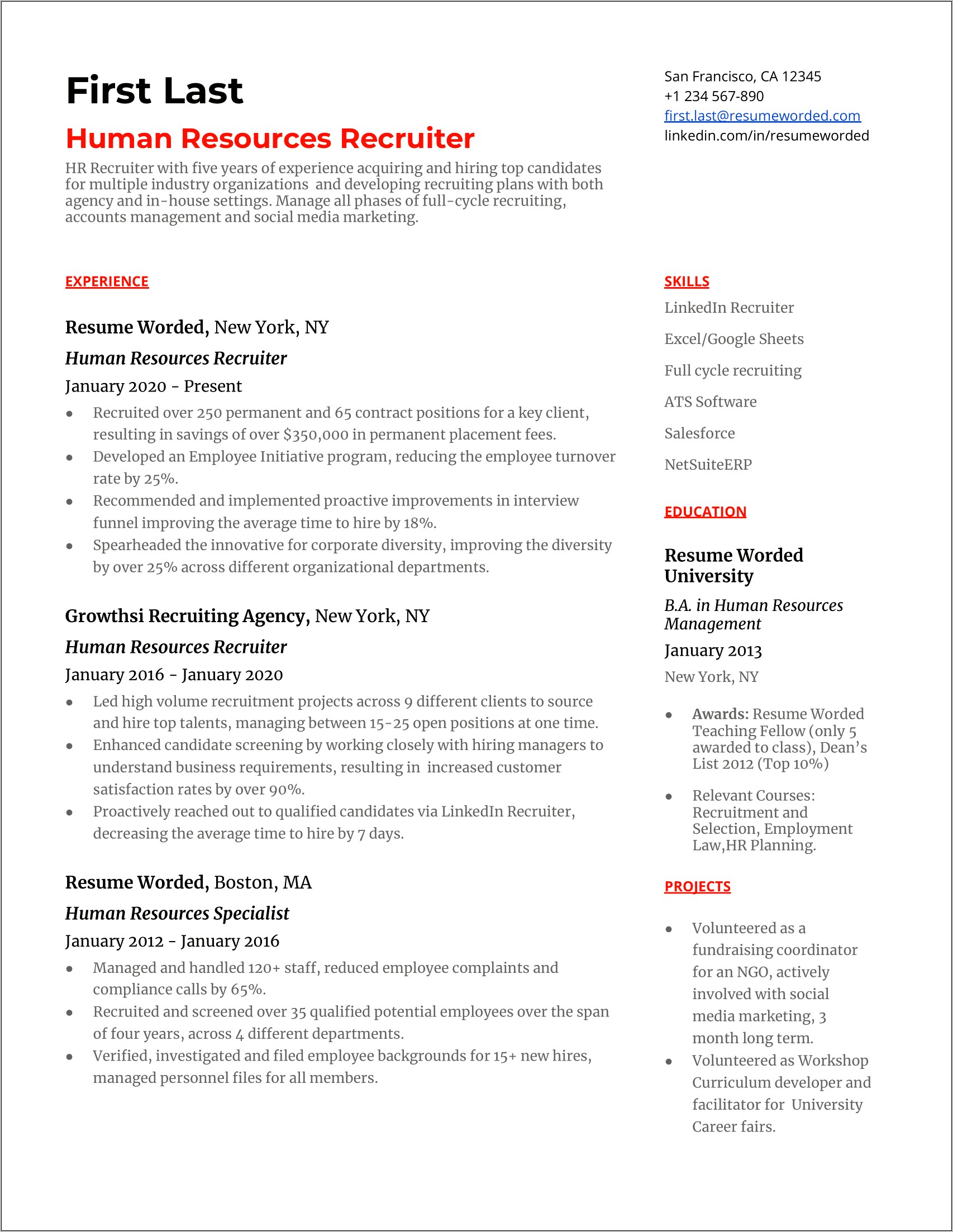 Sample Resume For Technical Recruiter Position