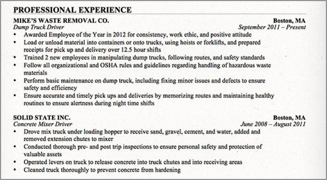 Sample Resume For Truck Driving Job