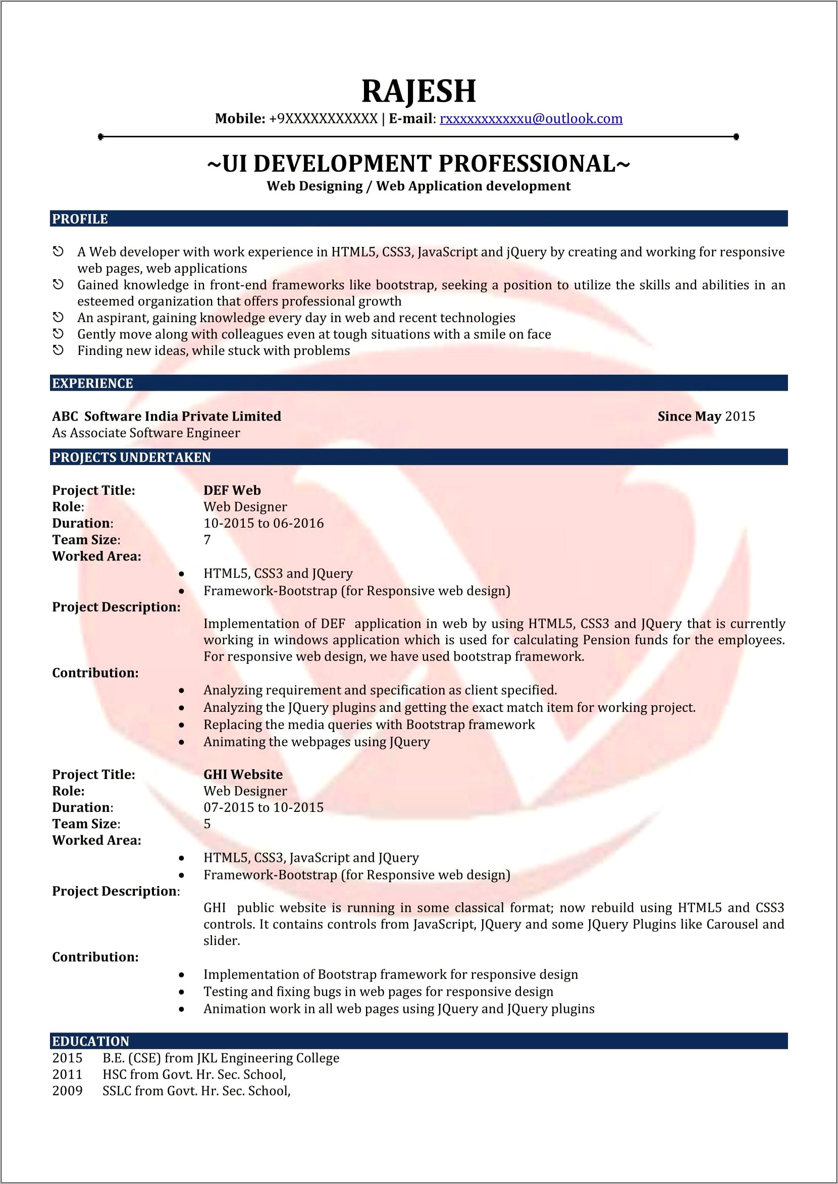 Sample Resume For Ui Developer Fresher