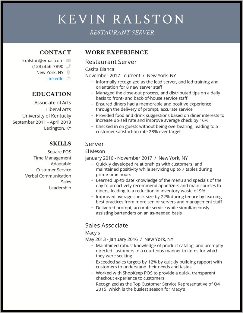Sample Resume For Waitress Or Bartender