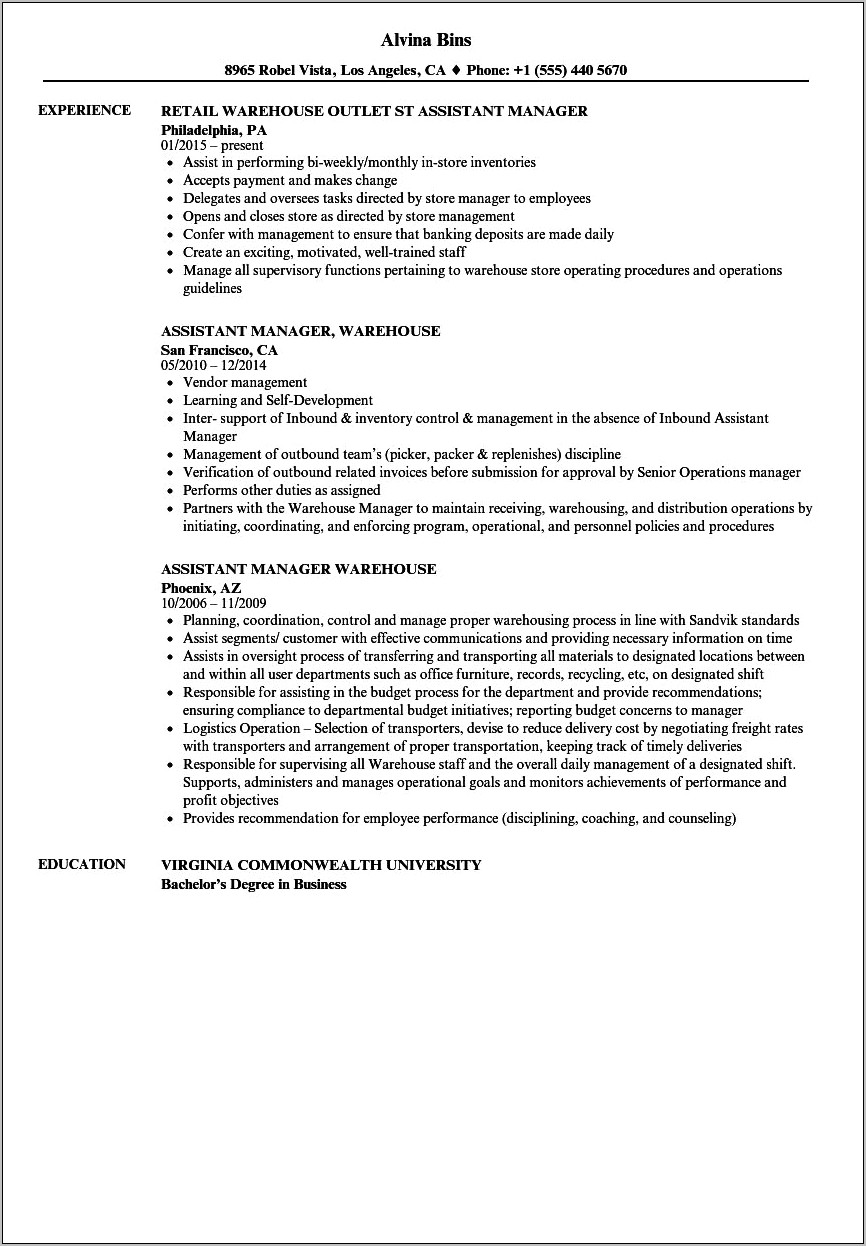 Sample Resume For Warehouse Manager In India