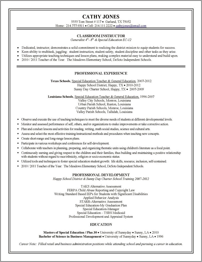 Sample Resume For Working With Developmental Disabilities