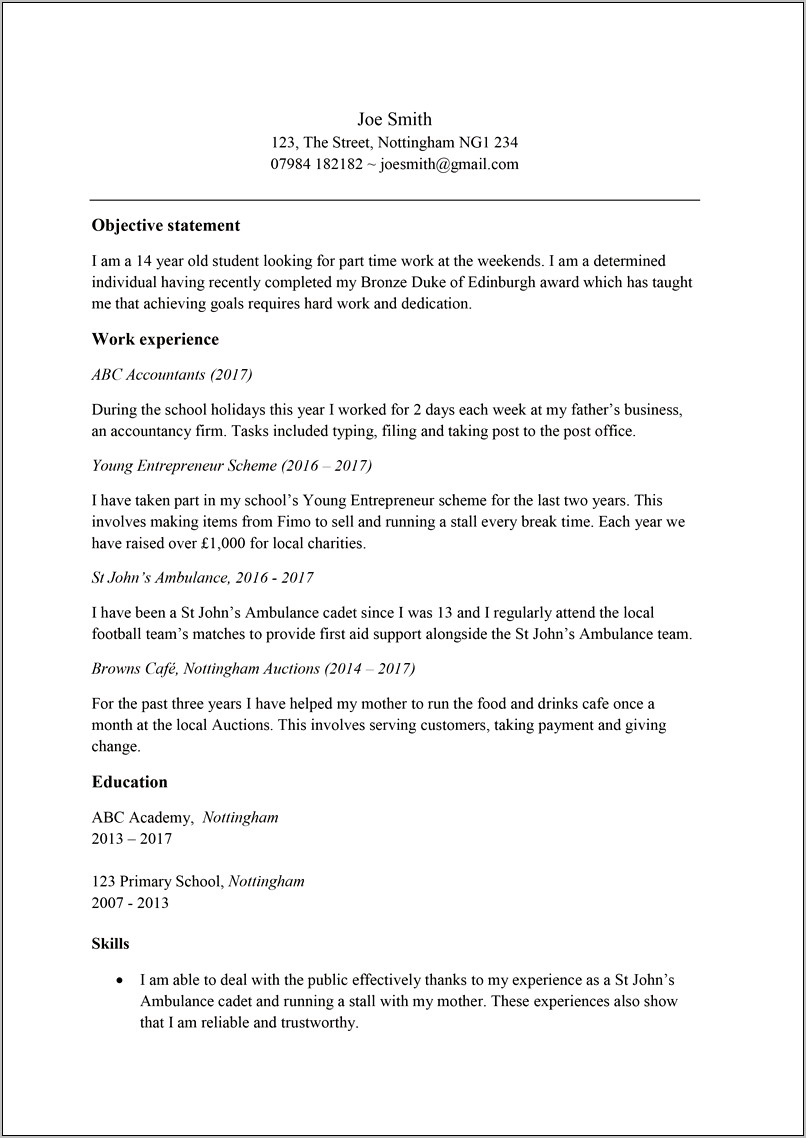 Sample Resume For Year 10 Work Experience