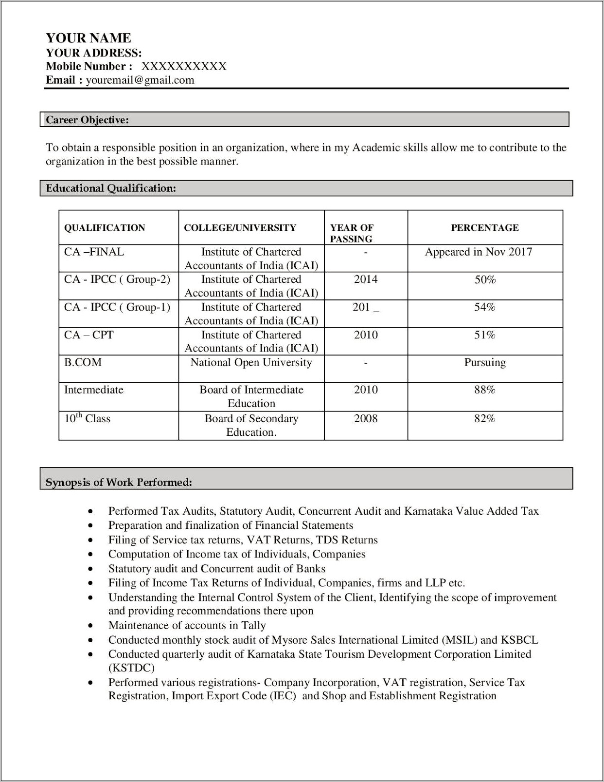 Sample Resume Format For Ca Articleship