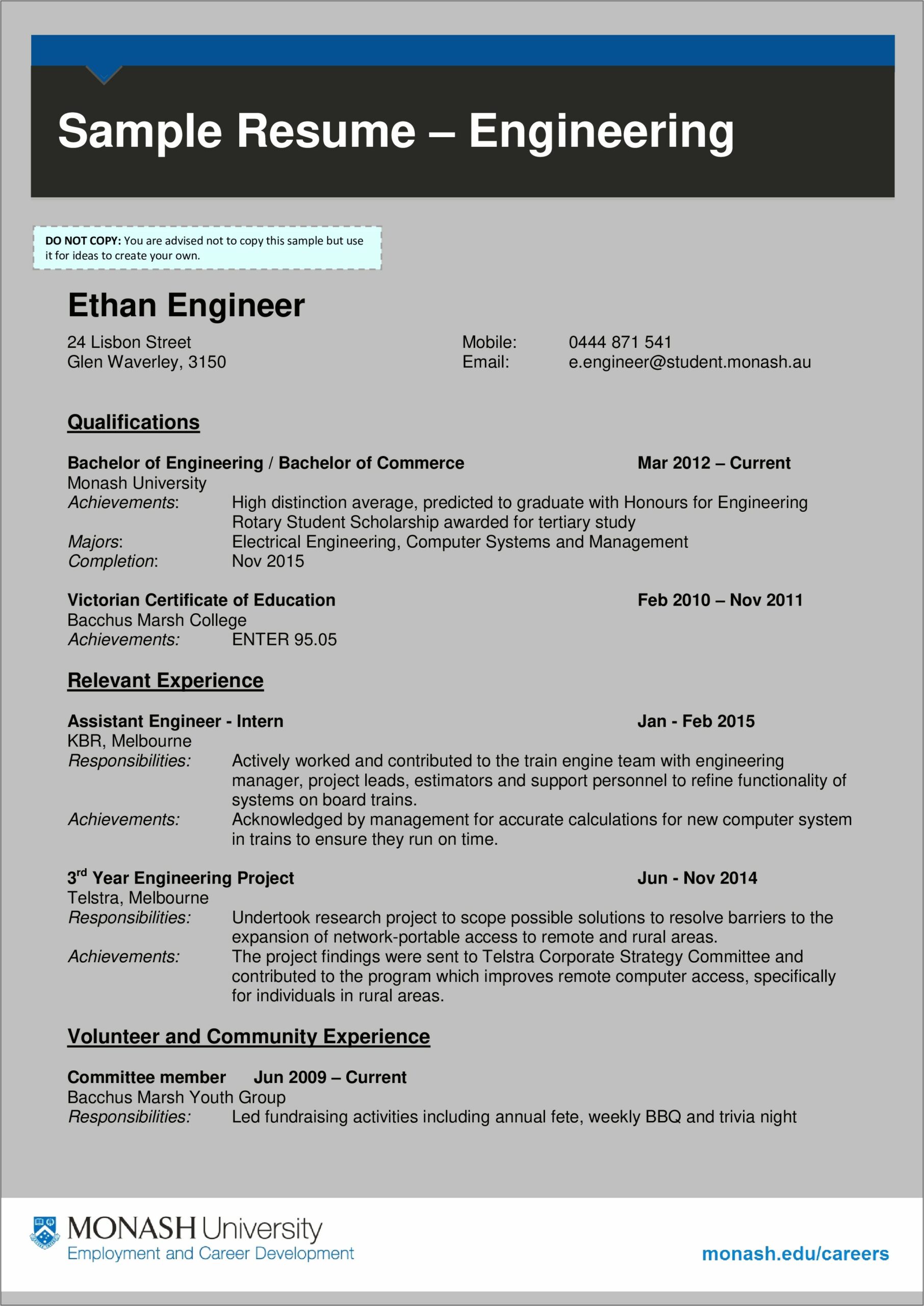 Sample Resume Format For Engineer Fresher