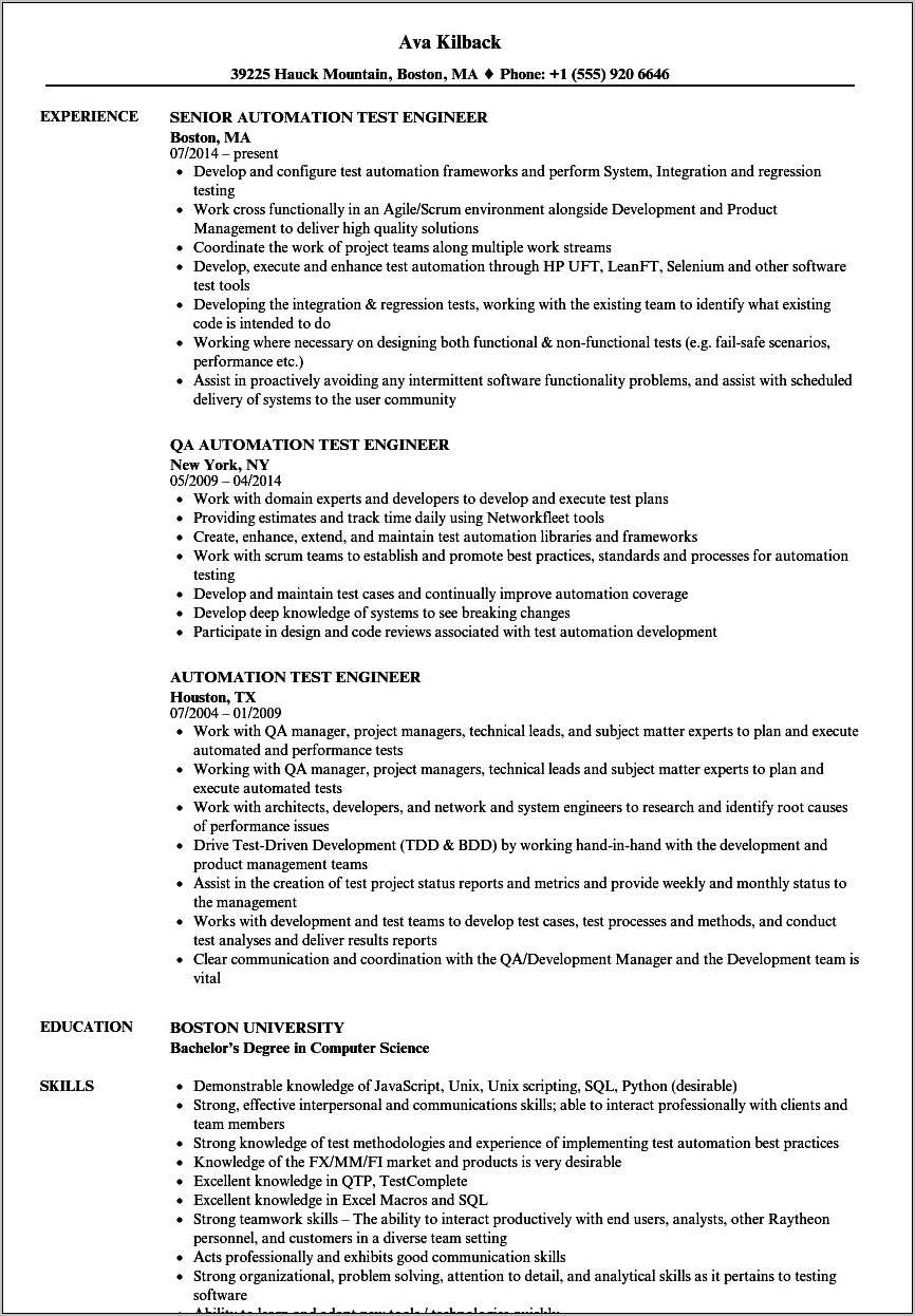 Sample Resume Format For Experienced Automation Test Engineer