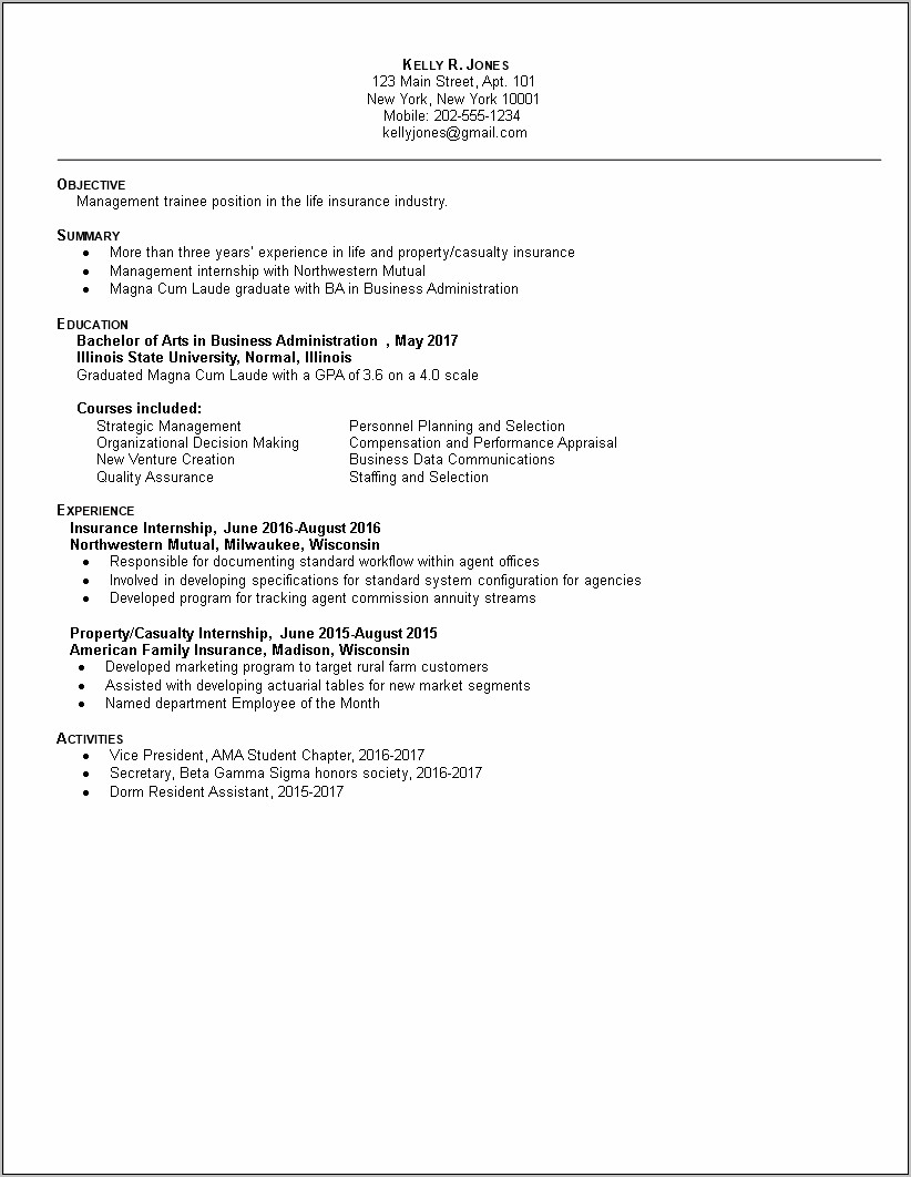 Sample Resume Format For Experienced Insurance Professional