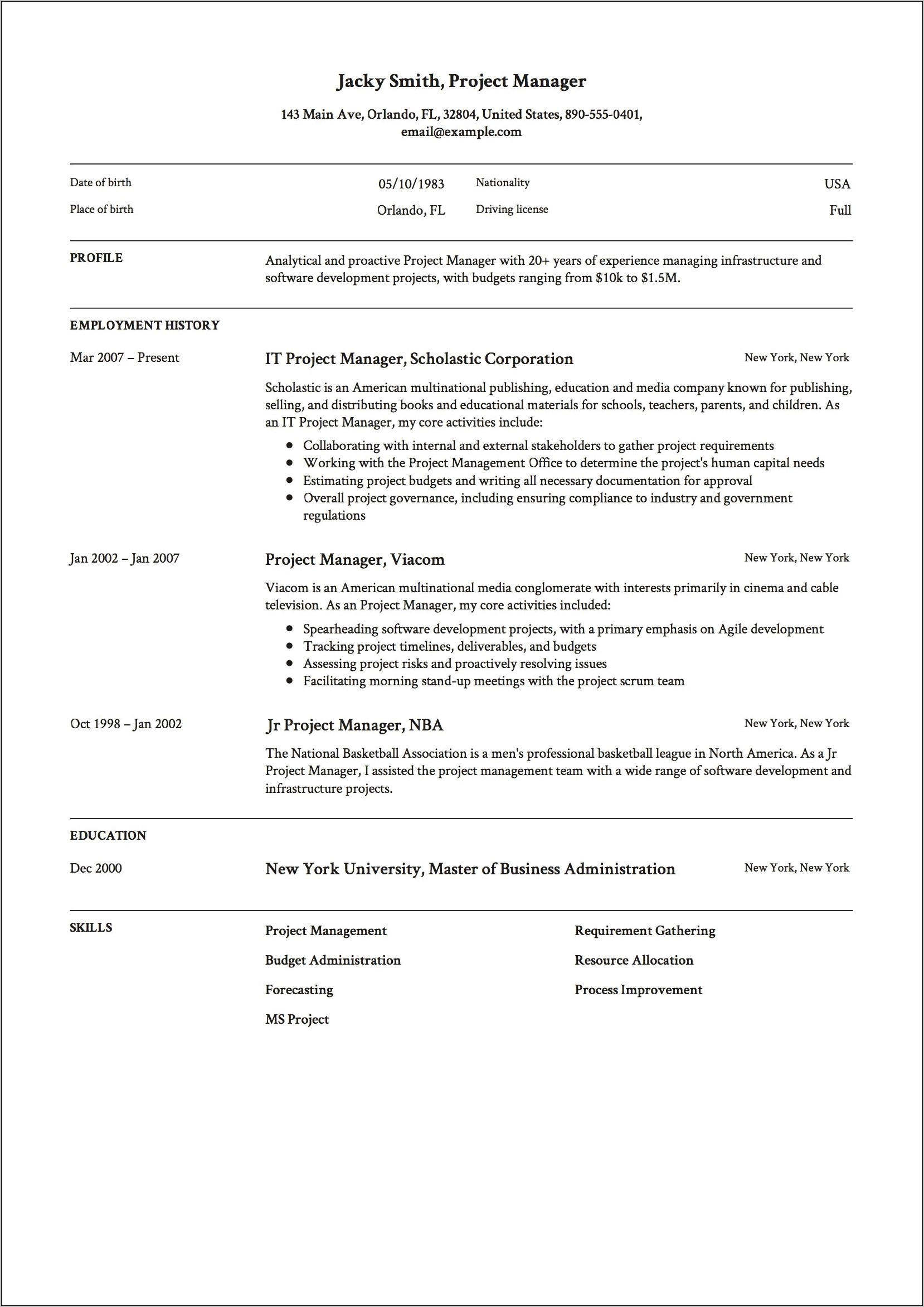 Sample Resume Format For Experienced It Professionals Download