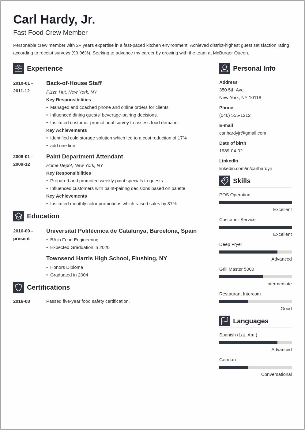 Sample Resume Format For Fast Food Crew