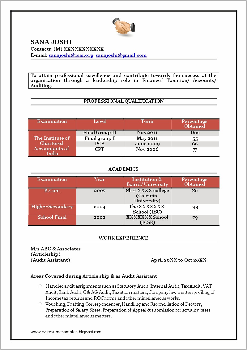 Sample Resume Format For Freshers Accountant