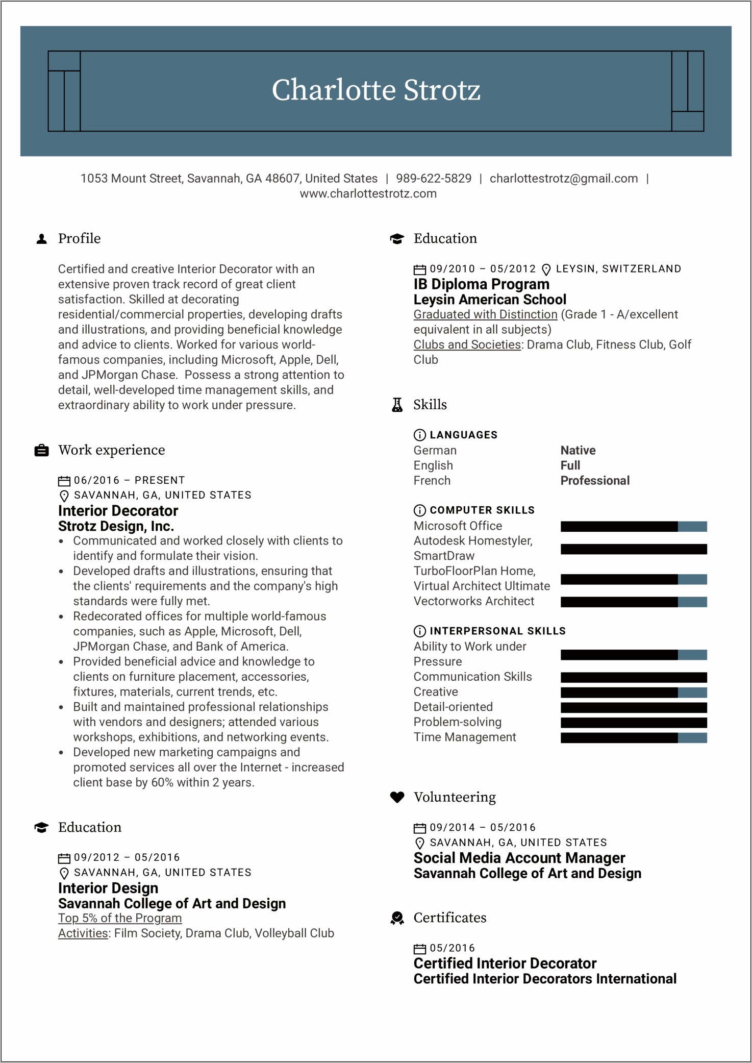 Sample Resume Format For Interior Designer