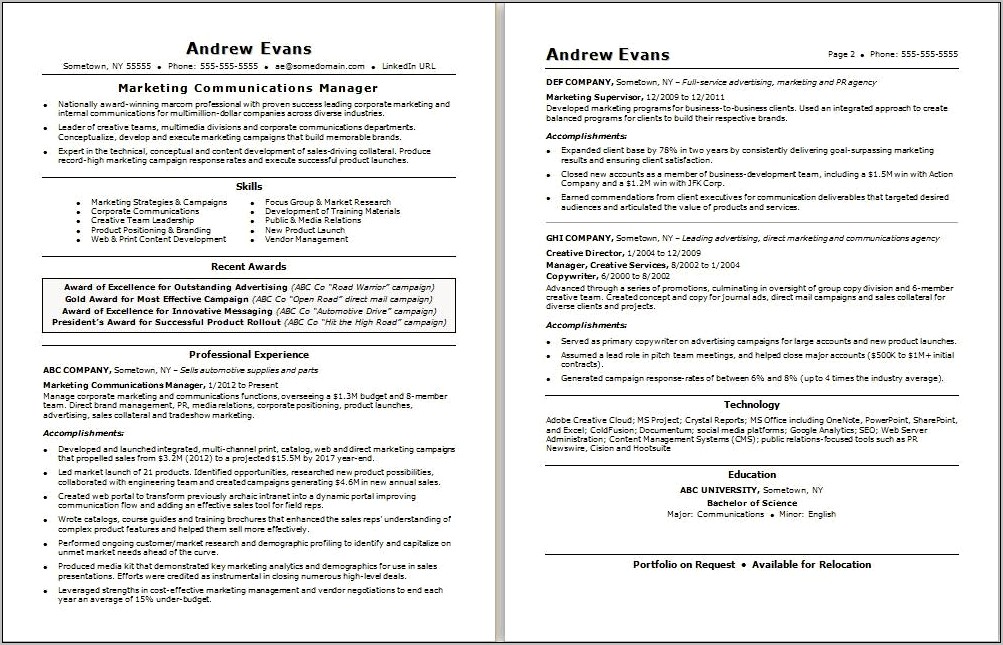 Sample Resume Format For Marketing Manager