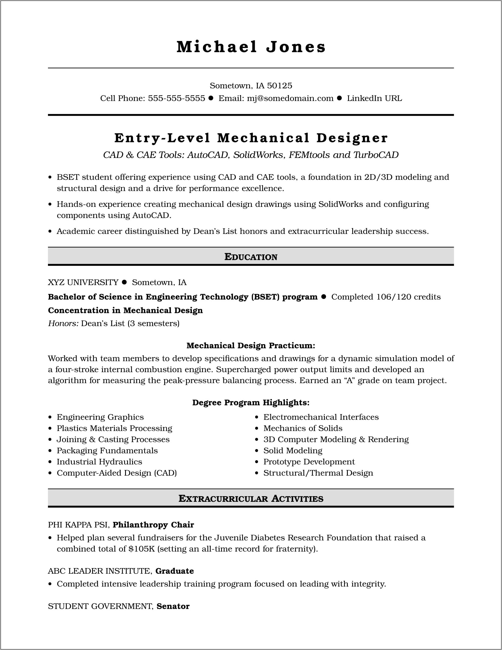 Sample Resume Format For Mechanical Design Engineer