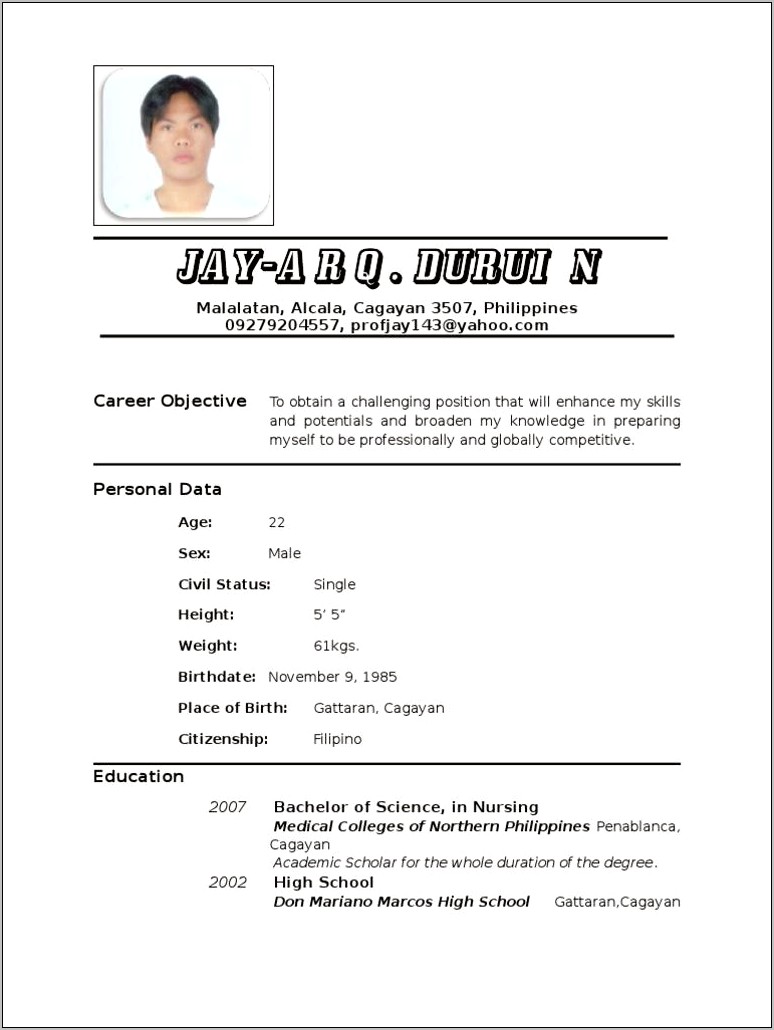 Sample Resume Format For Nurses In The Philippines