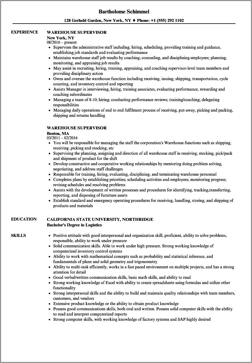 Sample Resume Format For Supervisor Position
