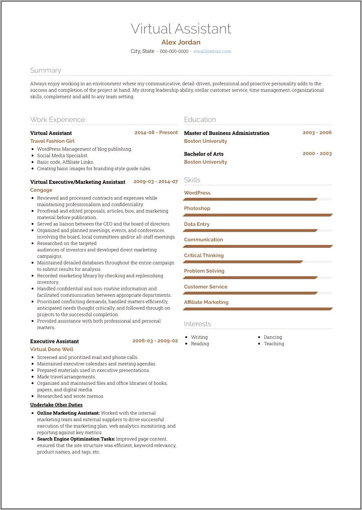 Sample Resume Format For Virtual Assistant