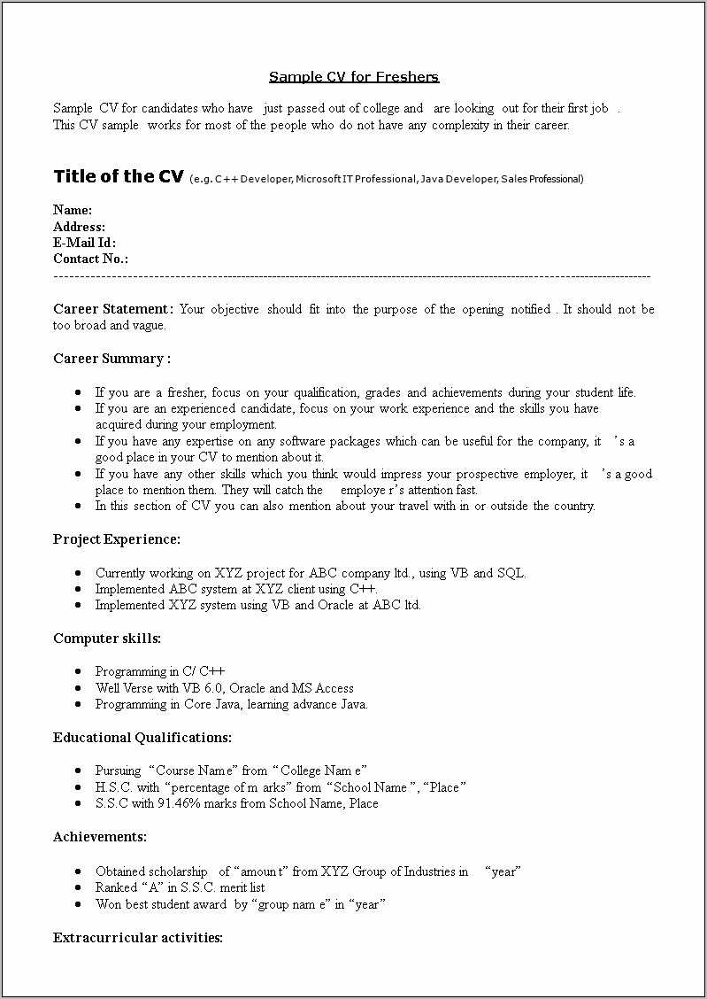 Sample Resume Format In Word Document
