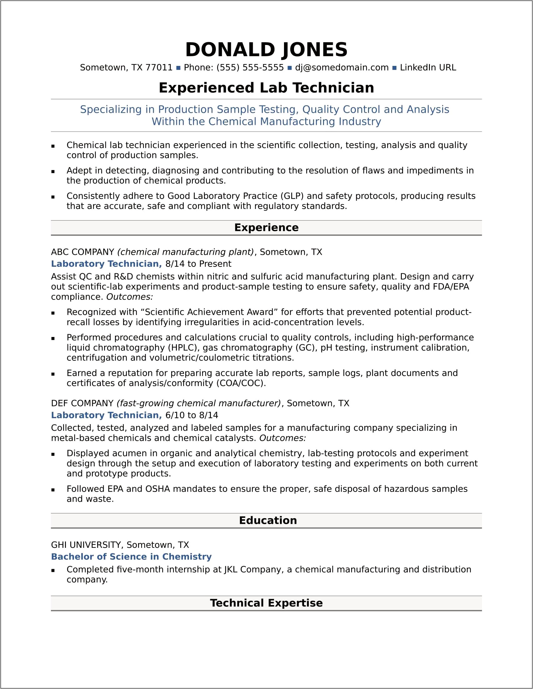 Sample Resume From A Lab Technician