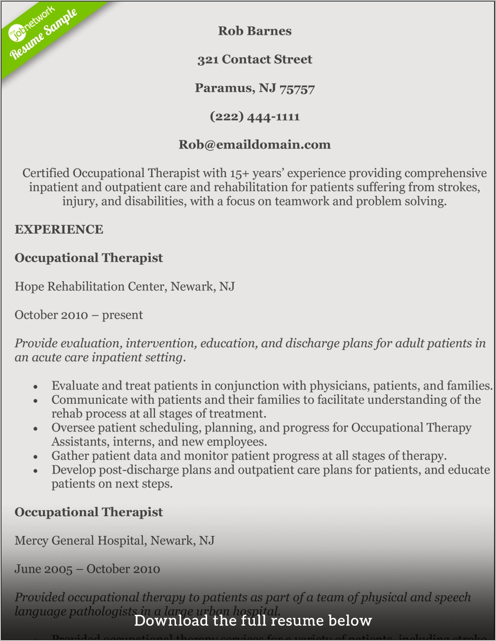 Sample Resume Graduate School Occupational Therapy